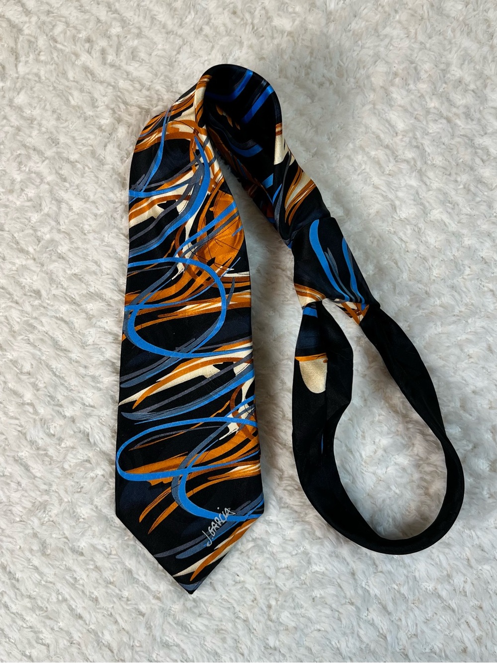 J. Garcia Black Silk Tie with Blue & Orange Abstract Swirls - Artsy Collectible